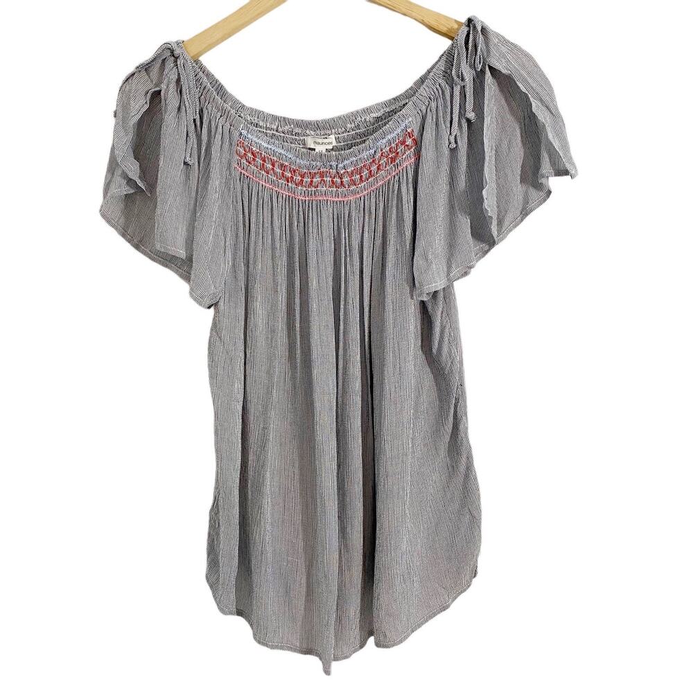 Maurices Medium Blue & White Striped Multicolor Embroidered Smocked Top